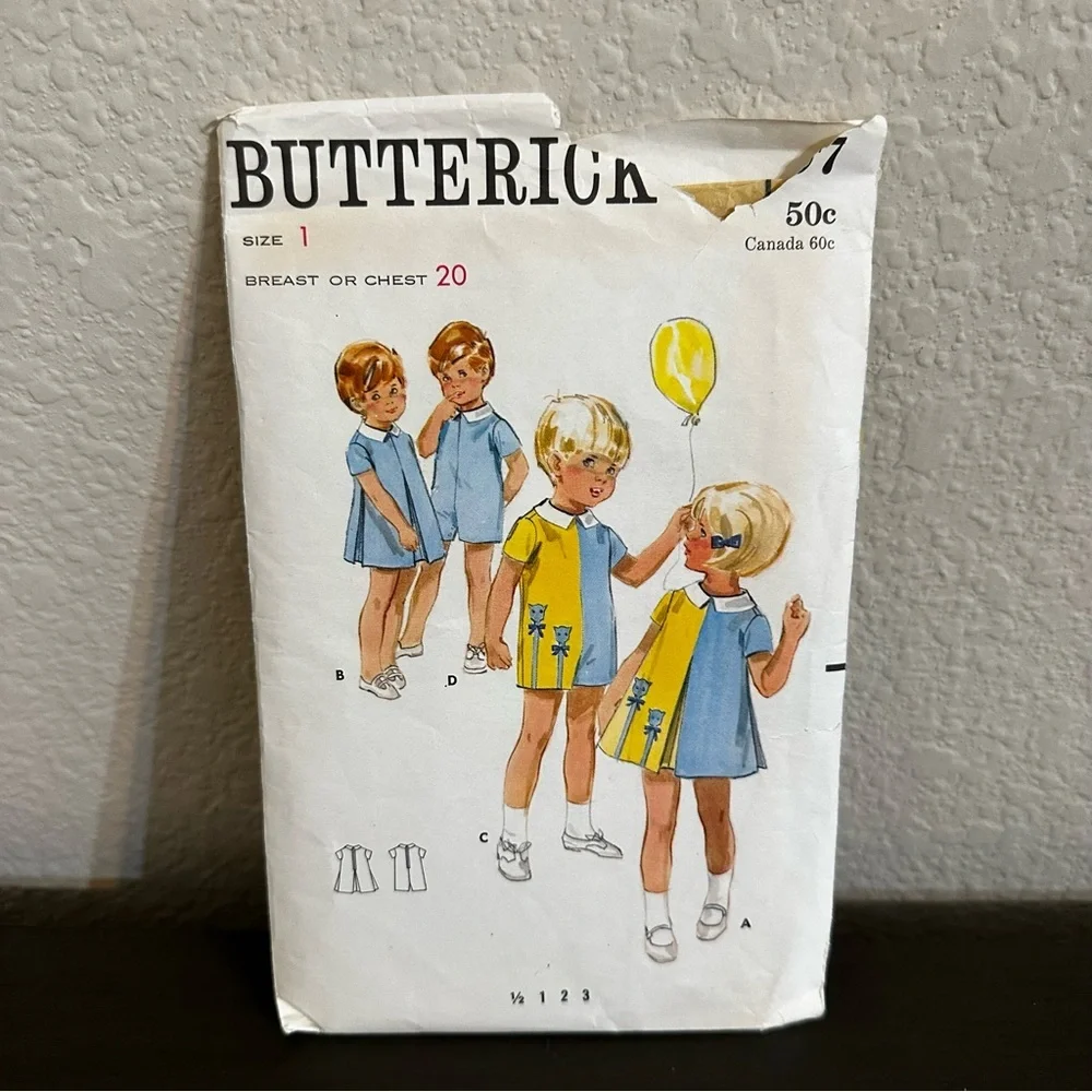 Vintage Sewing Pattern Butterick Girls Dress Boys Jumpsuit Child Size 1 60s 70s
